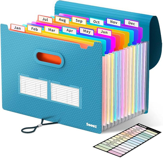 Sooez Upgraded Accordion File Organizer, Expanding File Folder with Deeper 12 Pockets - Never Cover Up Index Tabs, Monthly Bill Paper Receipt Document Organizer, Letter A4 Size for Home Office School