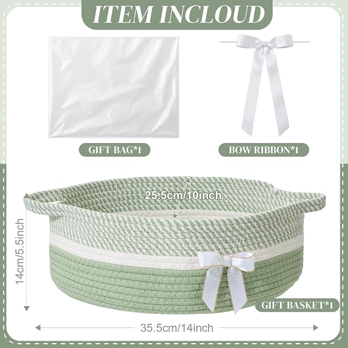 Colingmill 1 Set Woven Empty Basket for Gift,Sage Green White | with Cellophane Wrap Set, 14 x 10 x 5.5 Inch, Medium Decorative Gift Basket, Cotton Rope Storage Box, Home Decor