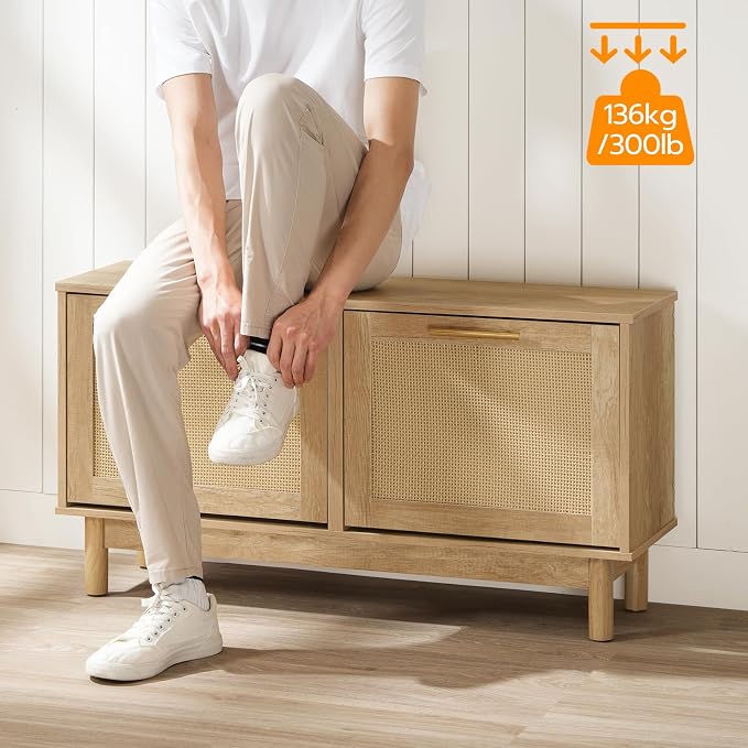 HOOBRO Shoe Storage Bench, Rattan Entryway Bench with 2 Flip Drawers, 39.4'' Hidden Shoe Cabinet with Adjustable Shelves, Comfort Seat Holds 300lb, Large Capacity Fits 8-12 Pairs, Natural NL51HX01