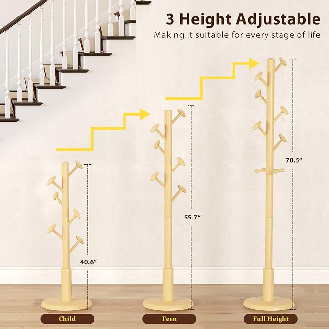 Taitiy Solid Wood Coat Rack Freestanding Coat Tree with 10 Hooks | with 10 Hooks for Bedroom, Livingroom, Entryway, Sturdy Coat Hanger Stand for Hats, Coats, Scarves, Handbags, Purses(Natural)