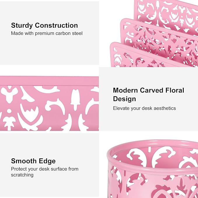 EasyPAG Desk Organizers and Accessories 3 Pieces Office Organizer Set - Pen Holder for Desk, Mail Sorter Countertop and Sticky Note Holder, Pink