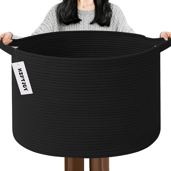 65L Large Blanket Basket,Woven Rope Laundry Basket-Black | Collapsible, reinforced handles, nursery storage bin organizes clothes, toys and pillows for living room, bedroom bathroom.