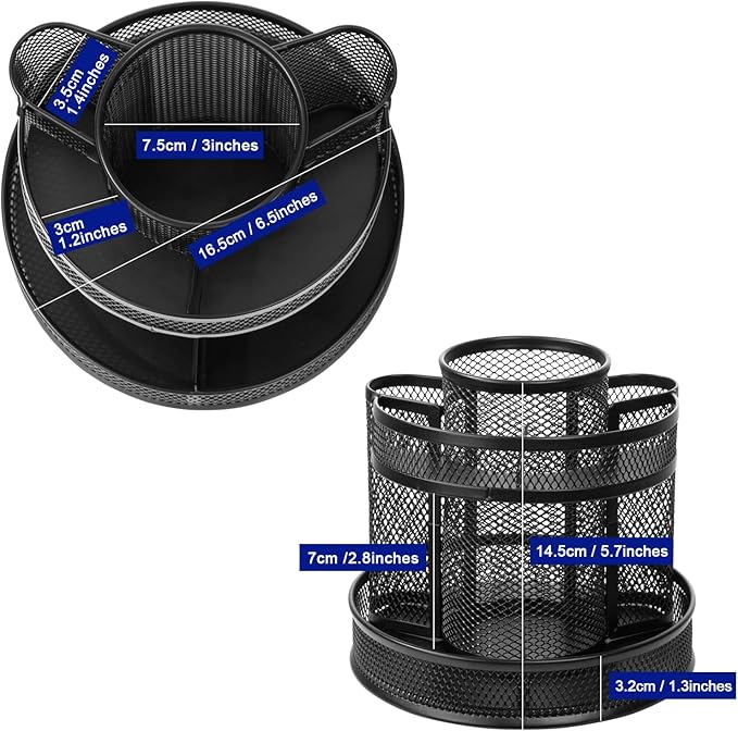 Comix Mesh 360° Rotating Pen Holder, Desk Organizer for Home Office, Black | 5 Compartment Pencil Holder, Sticky Notes Holder, Pen Organizer Office Supplies
