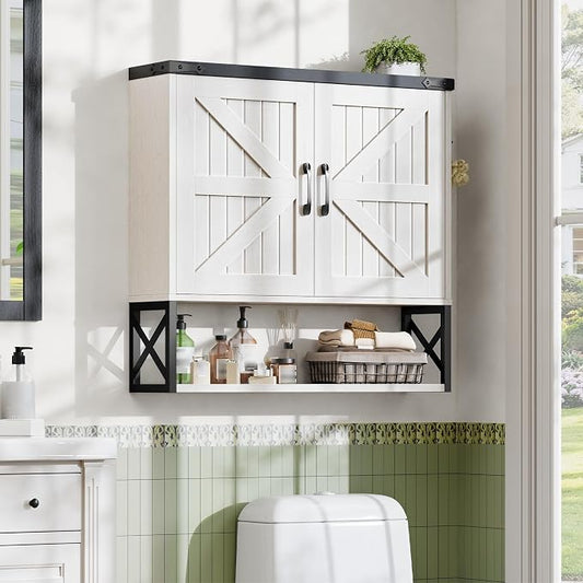 Vabches Bathroom Wall Cabinet, Farmhouse Medicine Cabinet, Rustic White | Vintage Storage Cabinet Wall Mounted with Double Barn Doors and Iron Shelf for Bathroom, Kitchen, Rustic White and Black