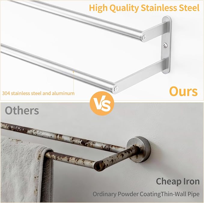 KLJKPA Double Towel Bar, Towel Holder for Bathroom, Brushed Nickel | Towel Rack for Bathroom Wall Mounted, Stainless Steel Double Bath Towel Bar