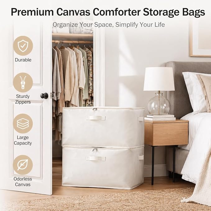 6-Pack Large Canvas Comforter Storage Bags Closet Organizer for Clothes Sweater Clothes Organizer with Dual Zipper Three Carrying Handles for Blanket Closet Storage Container