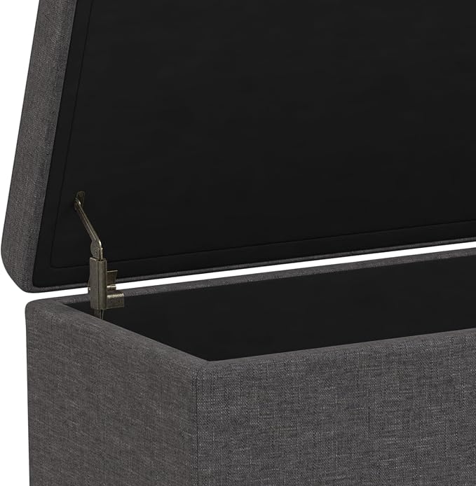 SIMPLIHOME Avalon 54" Wide Vegan Leather Storage Ottoman in Brown | Contemporary lift-top ottoman with high-density foam; rectangle storage bench or coffee table for living room or entryway.