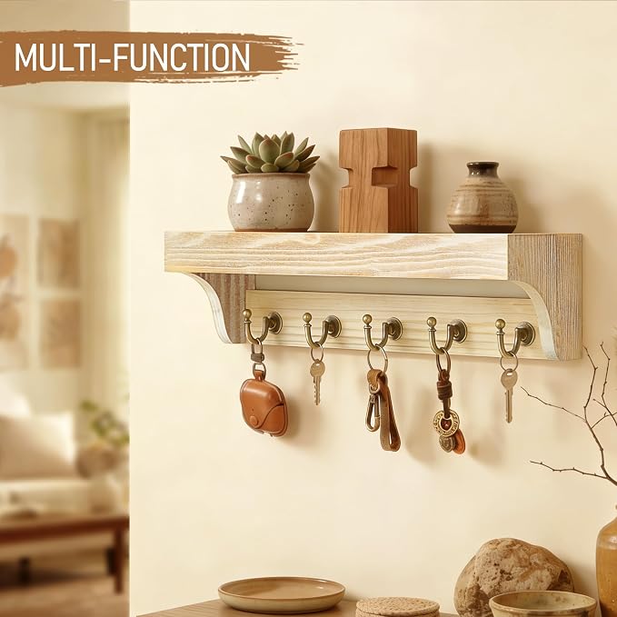 Rebee Vision Key Holder Wall Mount with Shelf for Room Decor, Natural Wood | Pine Wood Key Holder for Wall, 5 Key Hooks, Small Plant Display, Cute Item Storage, Home Organizer, Decorative Room Accent