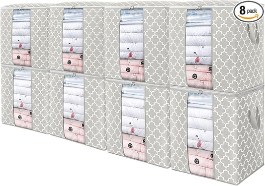 WISELIFE Storage Bags 8 Pack/100L Large Blanket Clothes Organization and Storage Containers for Comforters,Bedding, Foldable Organizer with Reinforced Handle, Clear Window, Sturdy Zippers,Lvory