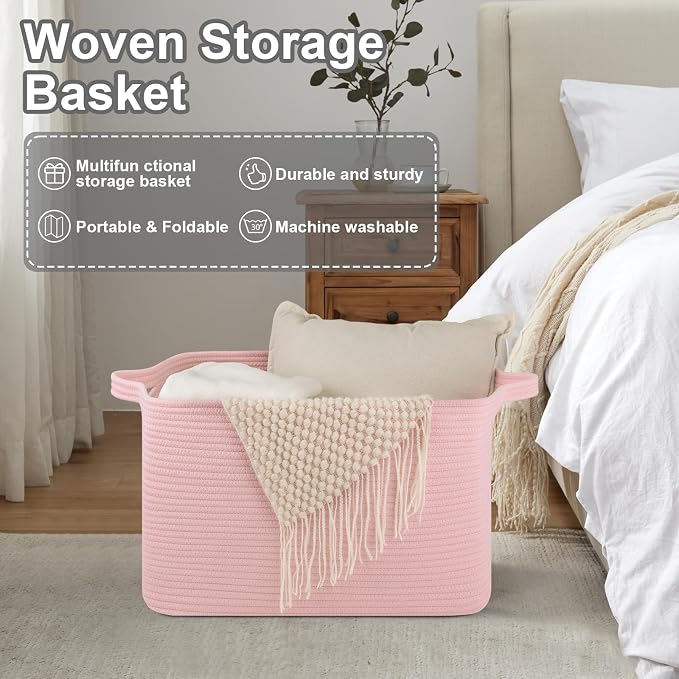 OIASKET Large Blanket Basket, Blanket Storage Living Room, Rectangle Woven Baskets for Storage Toys, Towels, Dirty Clothes Organizer Bins (Pink)