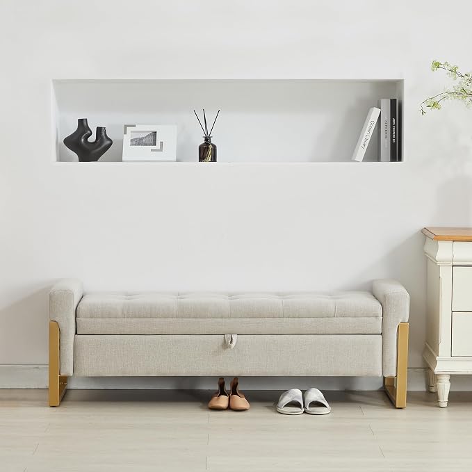 adochr 57" Storage Ottoman Bench, Upholstered End of Bed Bench, Beige | Metal Legs & Button-Tufted, Linen Ottoman with Storage 500 lb Capacity for Living Room, Bedroom, Entryway