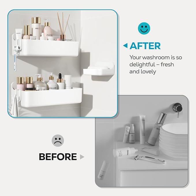 Nieifi Adhesive Shower Shelves, White, 3 Pieces | Rustproof ABS, Large Capacity, Removable Design, Easy-Clean, No Drilling Shower Organizer for Bathroom Storage & Home Decor