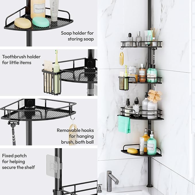 SWTYMIKI Shower Caddy Tension Pole - 4-Tier Corner Shower Organizer Tension Rod, Toothbrush Holder & 4 Hooks, Adjustable Stainless Steel Bathroom Organizer 27.6 to 108.3 inch, Black with Towel Bar