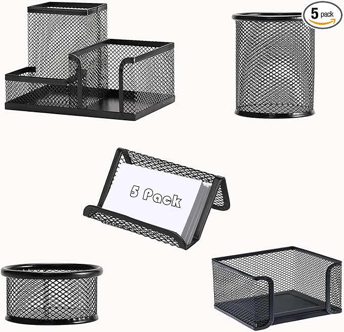 Moonlik Desk Organizers and Accessories Set, Mesh Pen Holder,Office School Home Desktop Supplies for Clip Phone Sticky Notes,Mail, Caddy Storage Baskets(Black,5 Piece Set)