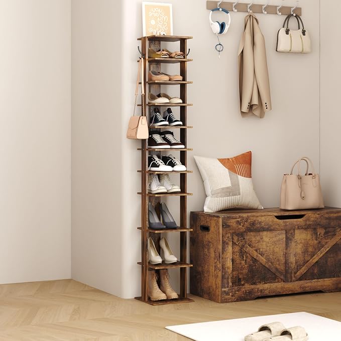 HOMEFORT 10-Tier Vertical Shoe Rack, Corner Shoe Tower, Slim Shoe Organizer with Two Hanging Hooks, Wooden Shoe Storage Stand for Entryway, Hallway, Closet, Rustic Brown