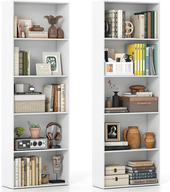 Giantex 5-Tier Bookshelves Set of 2, Freestanding Tall Bookcase with 5 Open Compartments, Modern Storage Organizer, Display Shelving Unit for Living Room, Bedroom, White