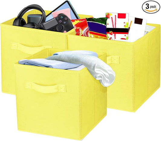3 Pcs Storage Cubes, 10.5 Inch Collapsible Storage Bins, Fabric Foldable Bins for Organization, Durable Storage Bins for Closet, Shelves, Offices (Yellow) | [Yellow] [For Organization, Durable Storage Bins for Closet, Shelves, Offices]