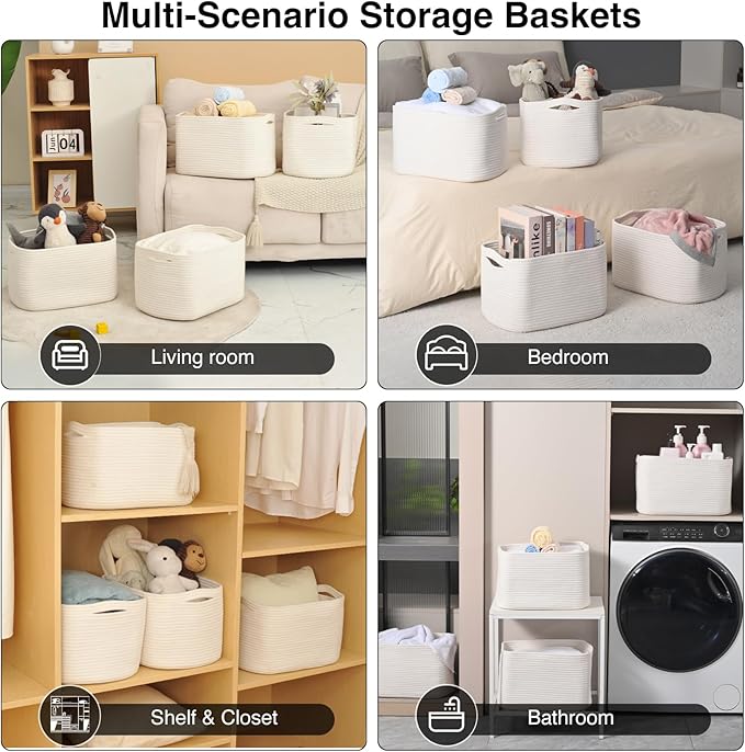 ICERZCZ Storage Baskets for Organizing & Shelves, Woven Cotton Rope Organization Bins for Dog Toys, Clothes, Books, Nursery Organizer, 15"Lx11''Wx9.5''H, (4 Packs) Off White