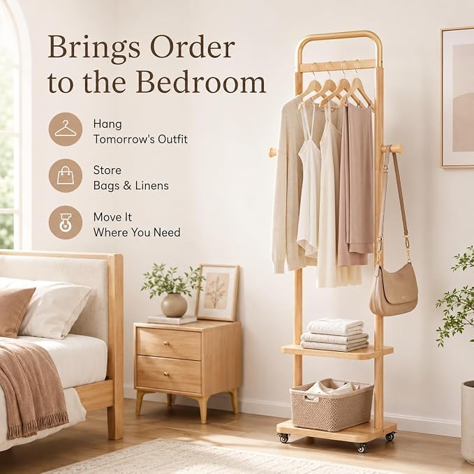 Solid Rubberwood Coat Rack – 71.2" Tall Standing Rack with Locking Wheels, 2-Tier Shelves & Side Hooks, Slim Hall Tree for Entryway or Bedroom (Natural Wood 15.7" W x 71.2" H)