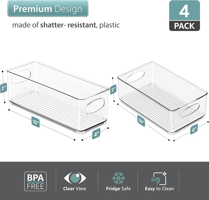 Sorbus Stackable Refrigerator Organizer Bins - Set of 4 Clear Storage Bins for Kitchen Pantry, Freezer & Fridge Organization - Food Organizing Plastic Containers with Handles for Countertops & Drawers
