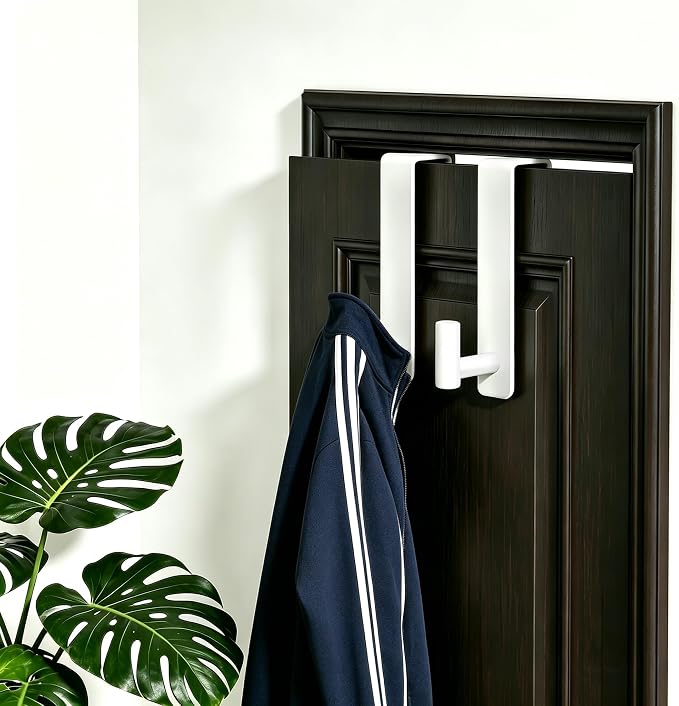 WUIVIUT Over Door Hooks, Metal Hooks Organizer for Hanging, Over The Door Storage Rack for Robe,Towel Holder for Clothes (White, T Shape 2 Pack, Fits 1-3/4'' Thick)