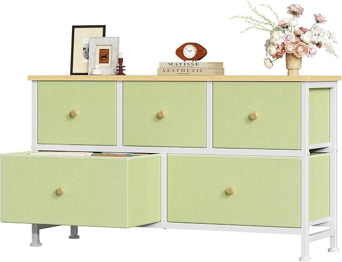 OLIXIS 5 Drawer Dresser for Bedroom, Storage Organizer Unit for Closet | Chest of Drawers for Clothes Storage with Bins, Wide Fabric Bedroom Dresser, Wooden Top, Living Room, Light Green