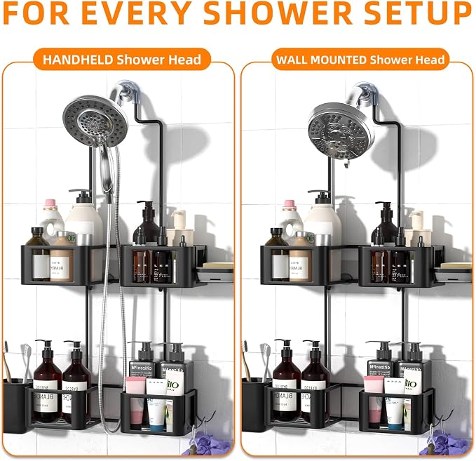 Haging Shower Caddy for Handheld Showerheads,Over Head Shower organizer | Rustproof,Soap Dish,Hooks,Toothbrush Holder,Anti-Swing Adhesive Strip &Suction Cup,For Bathroom,Apartment,RV,Dorm Use,Black