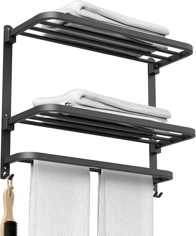 CAXIMSY 22.8Inch Towel Rack for Bathroom and Lavatory Towel Hanger with Wall Mount Towel Bars 304 Stainless Steel No Drill (Collapsible Black Towel Rack)