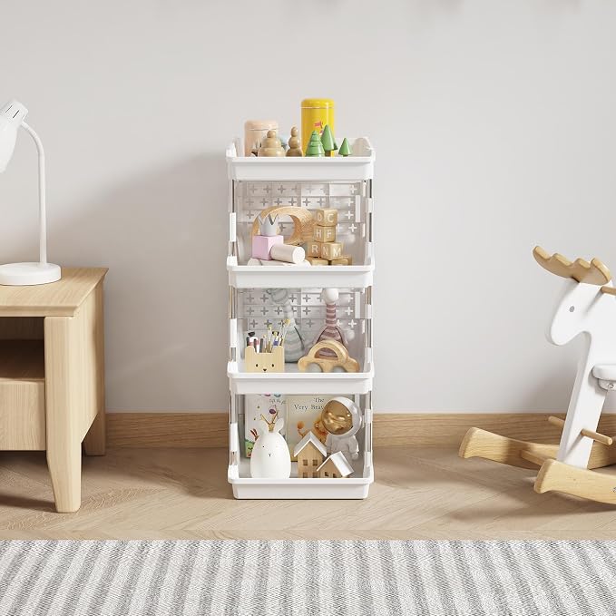 Lifewit Plastic Stackable Storage Baskets, 4 Tier Stacking Bins for Food and Clothes, Multifunctional Organizer for RV, Kitchen, Playroom, Pantry and Bathroom, 13.8"D x 11.8"W x 28.3"H, 1 Pack, White | Stacking Bins for Food, Multifunctional Organizer ...