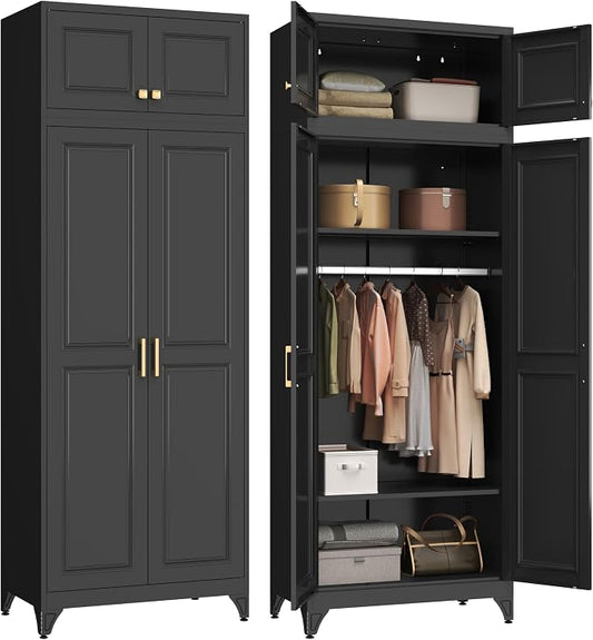 Polup 86" Tall Black Metal Armoire Wardrobe Closet with Hanging Rod | Heavy Duty Steel Clothing Storage Cabinet, 4 Doors, 180lbs Adjustable Shelves, Shipped in 2 Packages for Bedroom, Garage