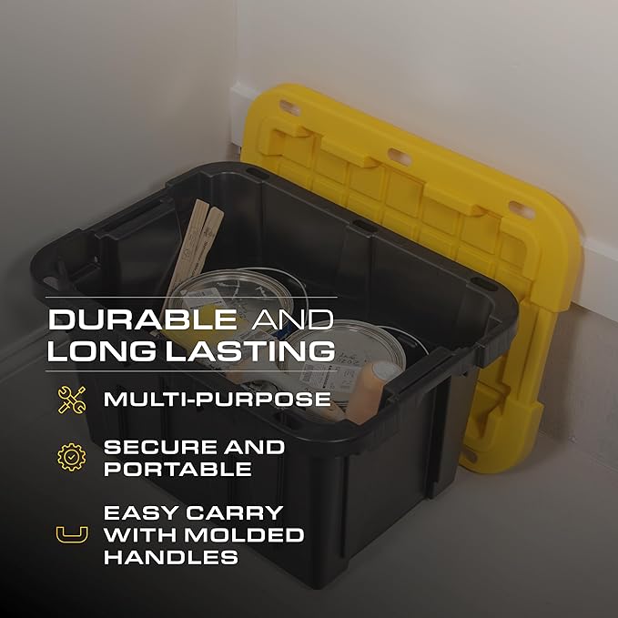 CX Heavy Duty 12-Gallon Stackable Plastic Storage Bins with Lids, 6 Pack | Storage totes for garage organization, Stackable containers, weather-resistant, snap lid, 12.5H x 16.3W x 21.8D, Black/Yellow