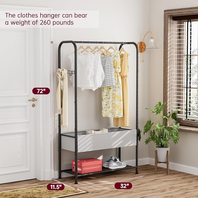 SINGAYE Wardrobe Standing Closet Clothing Rack With Shelf Hanging Clothes | Wardrobe Open Compact Small Metal Garment Hanger Stand Alone Free Standing Black Closet Rack Storage Organizer Heavy Duty