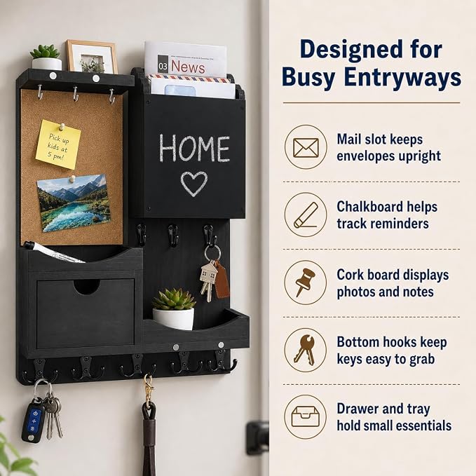 Key Holder Wall Mount, Mail Organizer Key Holder for Wall with Shelf, Drawer, Chalkboard, Corkboard, Home Decor Mounted for Room Entryway (Black)