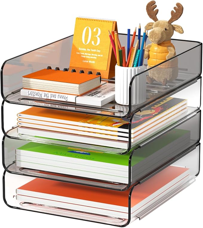 FANXIYQ 4-Tier Acrylic Paper Tray Organizer, 2-Tone Office Paper Organizer | Stackable, Tool-Free Design with 2-4 Tiers for A4 Paper, Files, Books and Mail; Ideal for School, Home Office and Study Room