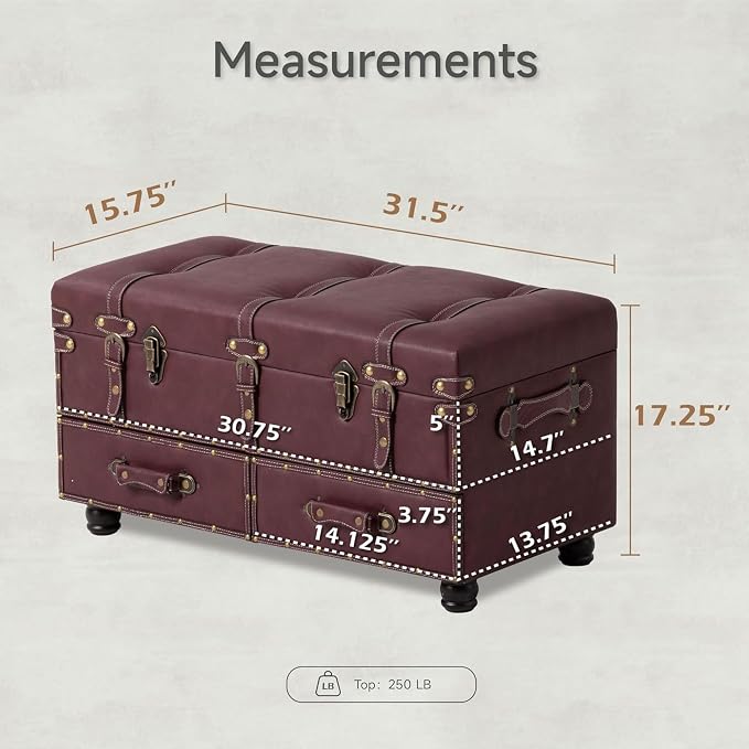 COZAYH - Storage Ottoman Bench Set of 2 - Dark Magenta | Faux Leather Upholstery, 31.5 in x 15.75 in x 17.25 in, Hinged Lid With Latch, 250 lb Capacity, Attach Legs Assembly
