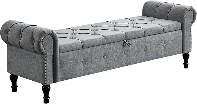 Storage Bench 67" Linen End of Bed Benches Grey | King Size Storage Bench for Bedroom with Rolled Arms Tufted Ottoman Benches Upholstered Bench for Living Room Entryway
