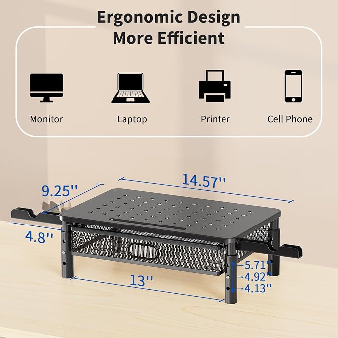 Zimilar 2 Pack Monitor Stand Riser with Metal Drawer, 3 Height Adjustable | Monitor Riser with Phone Holder for Printer, Laptop, Premium Metal Computer Monitor Stand with Storage for 2 Monitors