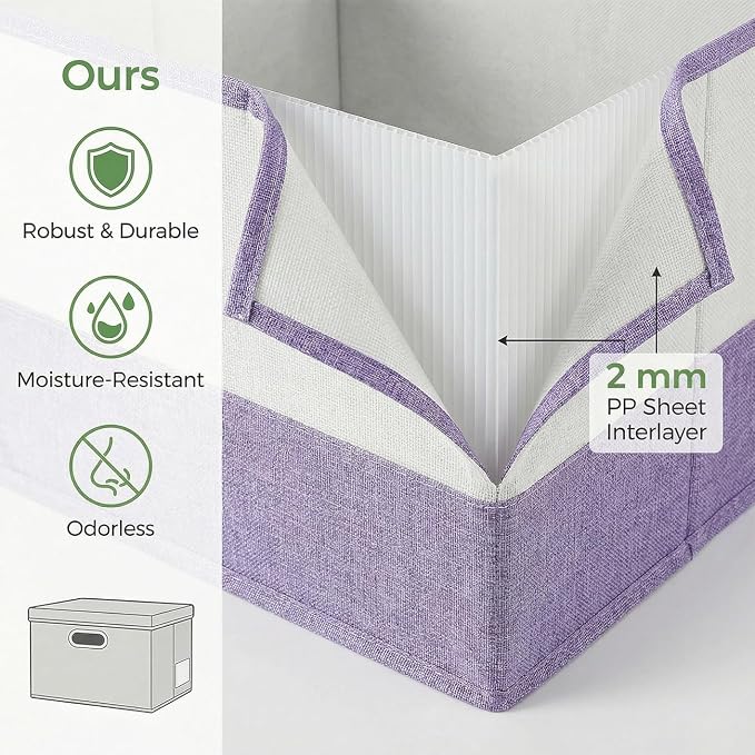 PRANDOM Storage Bins with Lids [3-Pack] Linen Fabric Foldable Storage Boxes Organizer Containers Baskets Cube with Cover for Bedroom Closet Office Purple&White（11.4X8.6X6.7