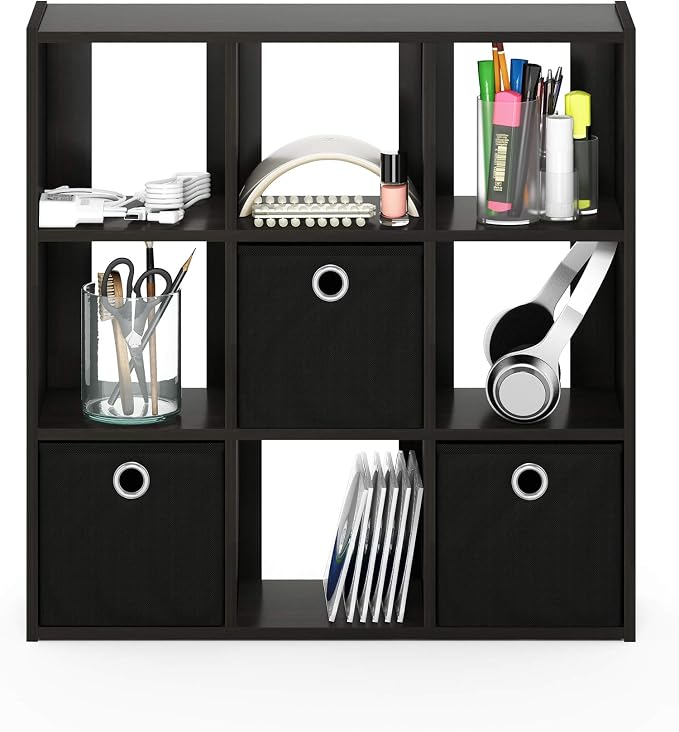 Furinno Simplistic 9-Cube Organizer with Bins, Small Size (Assembled unit dimensions : 7.9"D x 26.5"W x 26.7"H inches), Espresso/Black