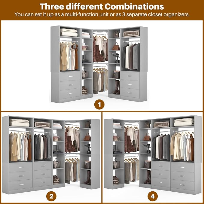 Besiost Corner Closet System with 6 Drawers, Closet Organizer System with 14 Shelves & 4 Hanging Rods, 87.2"L * 39.2"W / 63.2"L * 63.2"W Reversible L Shaped Walk-in Closets, Load 2500+LBS, Grey