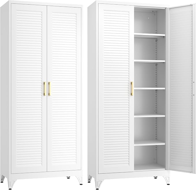 SteeLoong 75" Metal Storage Cabinet with Doors and 5 Adjustable Shelves | Kitchen Pantry Cabinet,White Tall Freestanding Cupboard with Gold Handle,Steel Garage Cabinets for Tool,Office,Kitchen,School