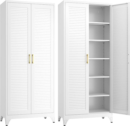 SteeLoong 75" Metal Storage Cabinet with Doors and 5 Adjustable Shelves | Kitchen Pantry Cabinet,White Tall Freestanding Cupboard with Gold Handle,Steel Garage Cabinets for Tool,Office,Kitchen,School