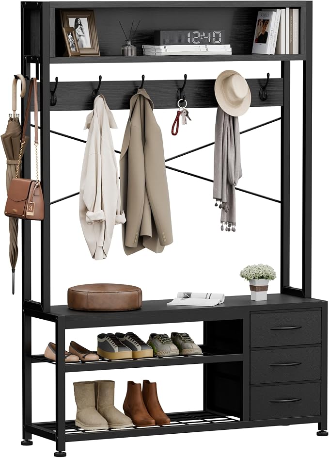 Hall Tree with Bench and 3 Drawers Storage, 39.4" Coat Rack Freestanding