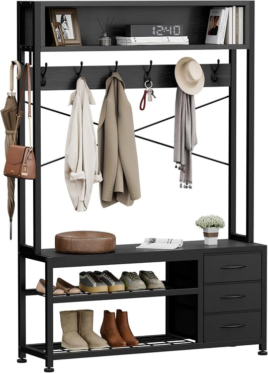 Hall Tree with Bench and 3 Drawers Storage, 39.4" Coat Rack Freestanding