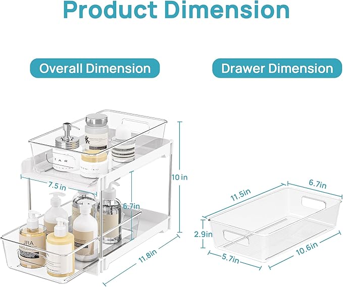 Vtopmart 2 Pack Pull Out Bathroom Under Sink Organizer (S-Standard, White) | Slide-out drawers, Multi-purpose storage, Clear visibility, Easy Set-up