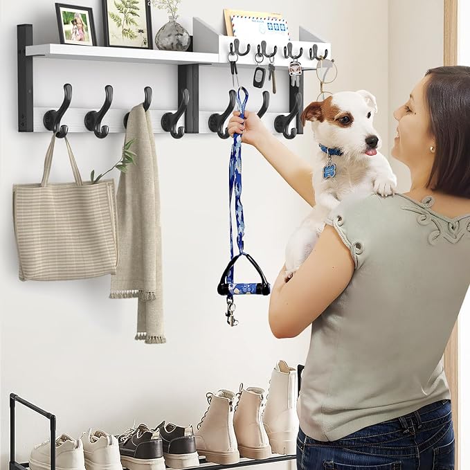 Evermagin 29" Coat Rack Wall Mount with Shelf for Entryway, White | Wall Mounted Coat and Key Rack with Hooks, Key Holder with Mail Organizer for Wall, Living Room, Mudroom, Bedroom