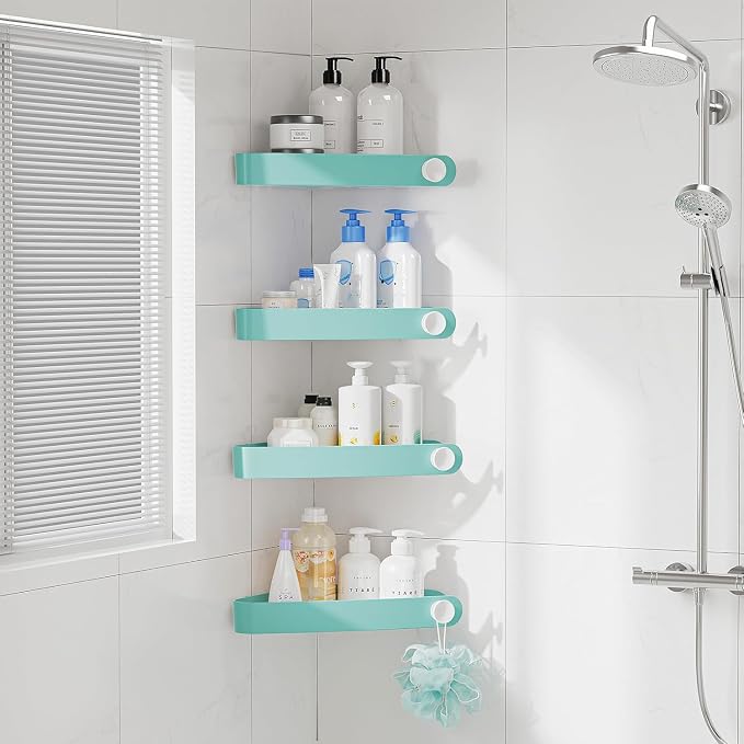Sotfamily Plastic Shower Caddy Corner (for 90° Only), 4 Pack, Turquoise | Adhesive Corner Shower Shelves for Bathroom Organizers and Storage, Bathroom Decor, No Drill, Rust Free