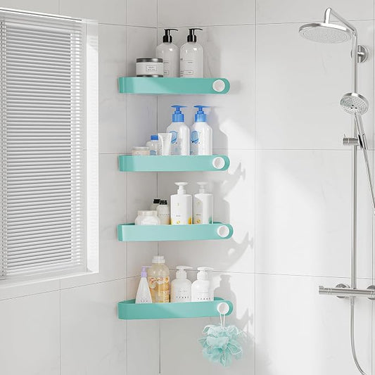 Sotfamily Plastic Shower Caddy Corner (for 90° Only), 4 Pack, Turquoise | Adhesive Corner Shower Shelves for Bathroom Organizers and Storage, Bathroom Decor, No Drill, Rust Free