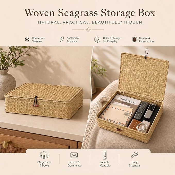 YANGQIHOME Set of 2 Seagrass Baskets with Lids, Rectangular Woven Storage Baskets, Natural Wicker Basket Boxes for Coffee Table, Shelf, Bathroom Counter & Closet Decor (Natural, Set of 2)