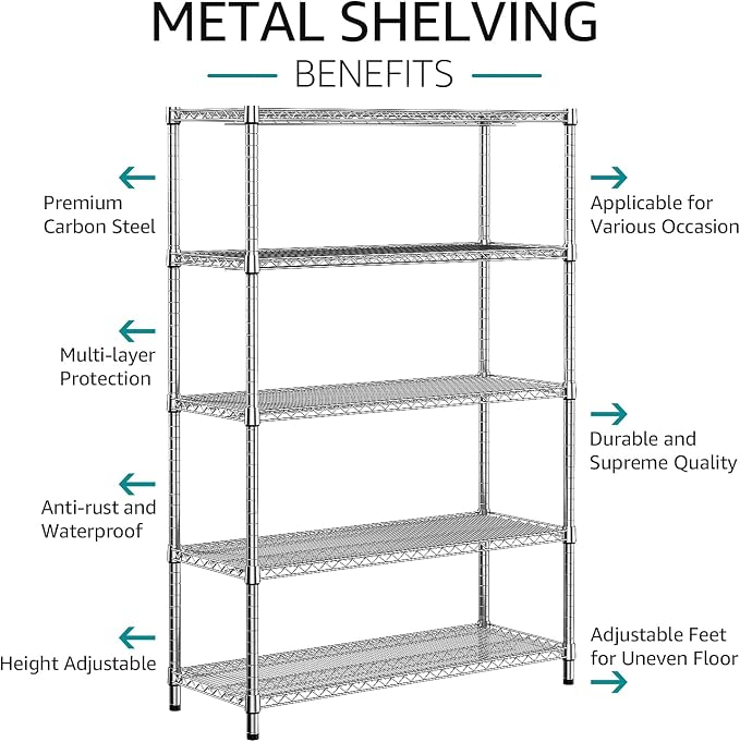 IZEUK 4250 LBS Garage Shelving Wide Storage Shelves 5 Tier Metal Shelves Heavy Duty Adjustable Utility Shelf Rack Chrome 17.7" D x 47.2" W x 70.4" H
